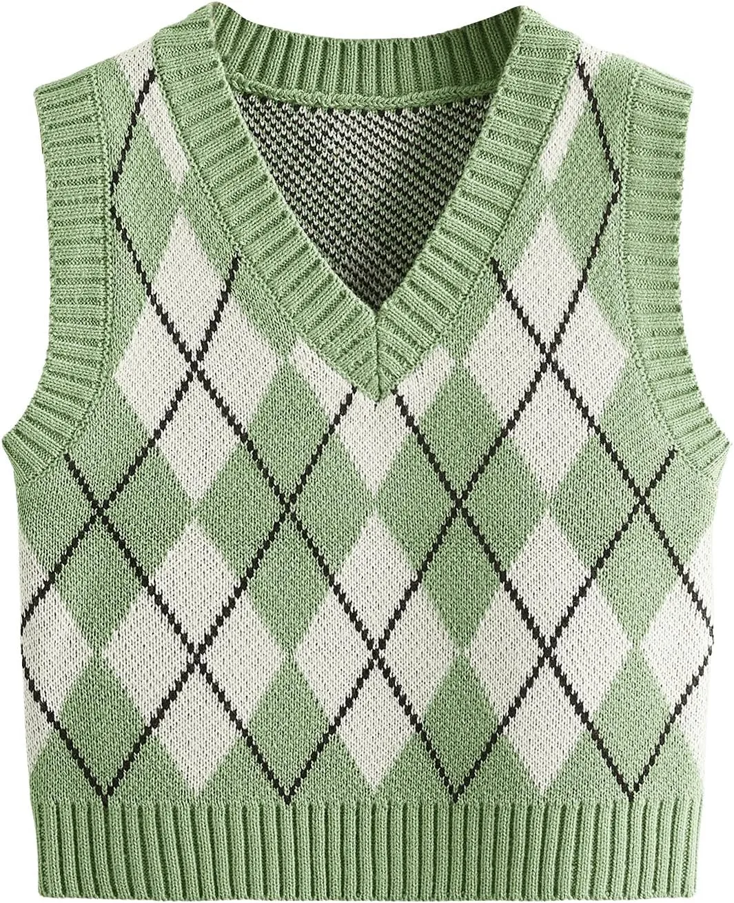 SweatyRocks Women's Plaid Geo Sleeveless V Neck Knit Crop Top Sweater Vest