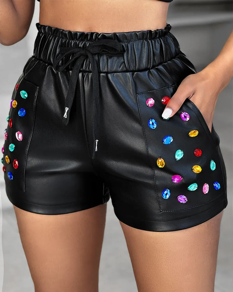 Trend4us Colorful Rhinestone Drawstring Faux Leather Shorts