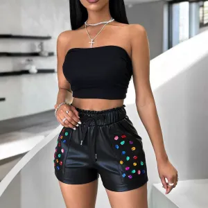 Trend4us Colorful Rhinestone Drawstring Faux Leather Shorts