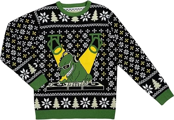 Ugly Christmas Sweater JulesRoche DJ T-Rex Design Cozy