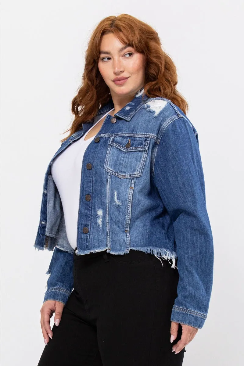 Uneven Frayed Destroy Fitted Jacket - Dark Denim