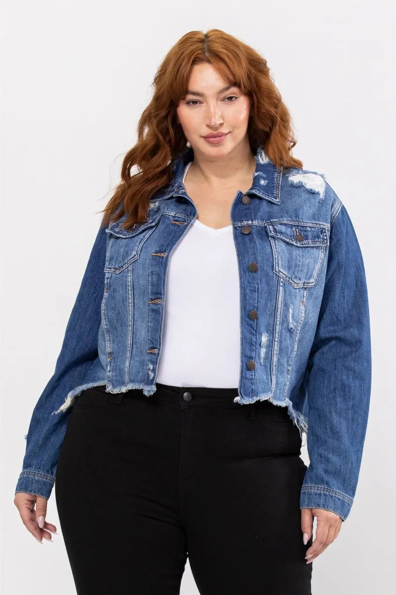 Uneven Frayed Destroy Fitted Jacket - Dark Denim