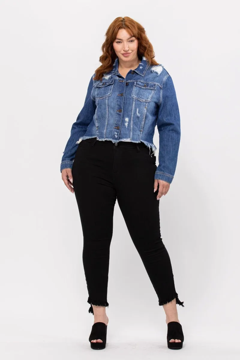 Uneven Frayed Destroy Fitted Jacket - Dark Denim