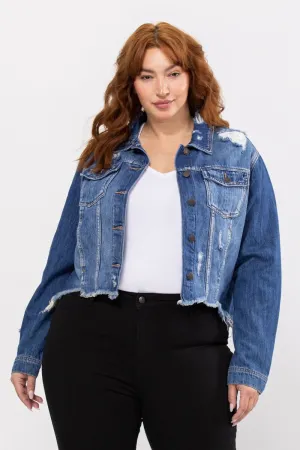 Uneven Frayed Destroy Fitted Jacket - Dark Denim