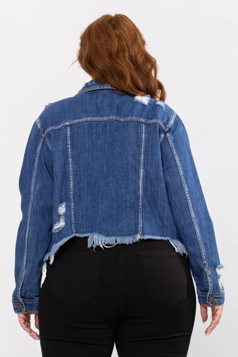 Uneven Frayed Destroy Fitted Jacket - Dark Denim