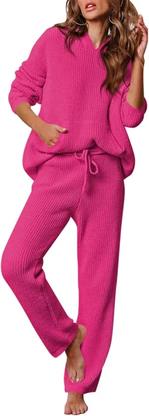 Viottiset Women's 2 Piece Outfits Sweater Set Long Sleeve Hoodies With Pocket Wide Leg Pants Lounge Sets Sweatsuit