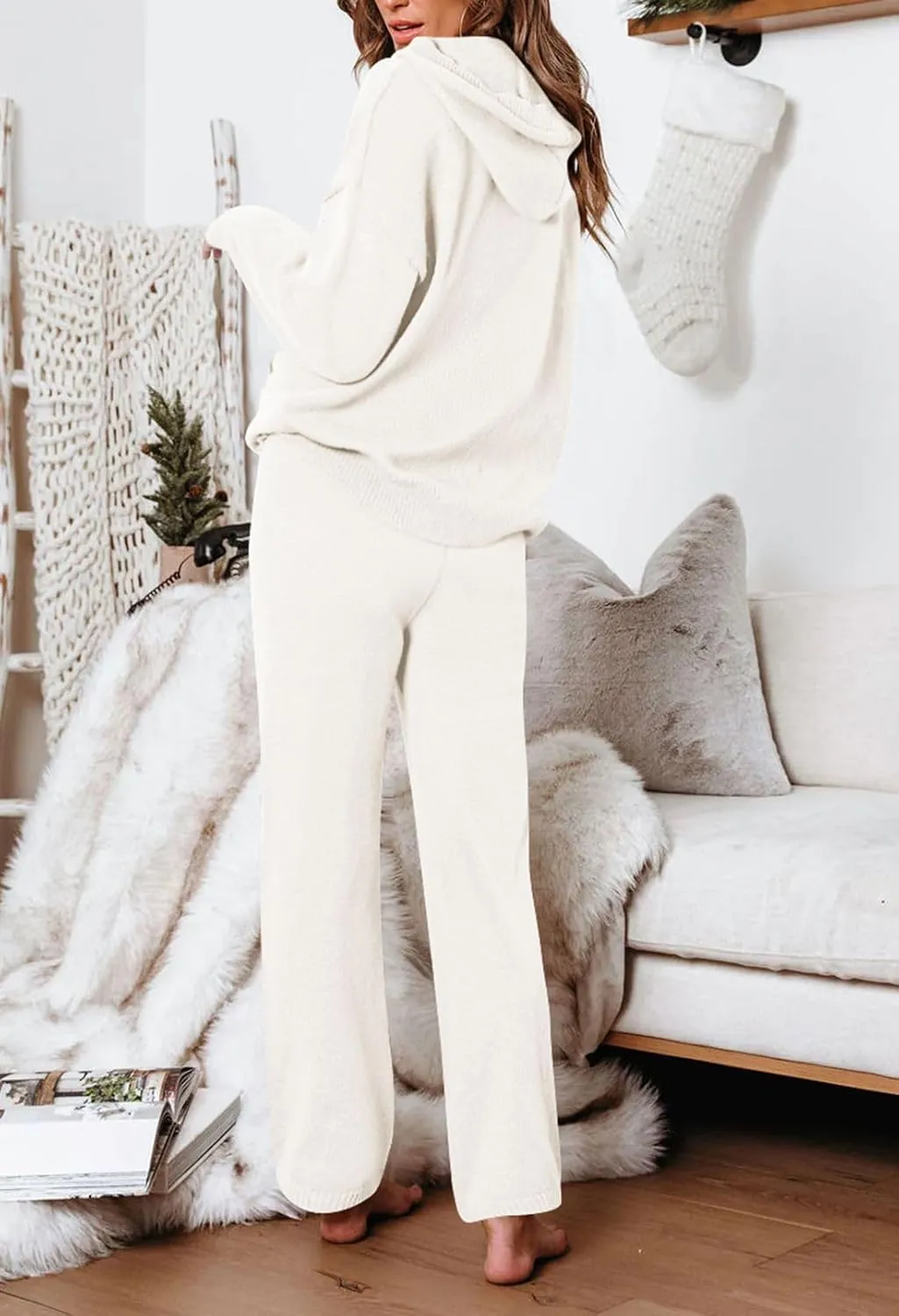 Viottiset Women's 2 Piece Outfits Sweater Set Long Sleeve Hoodies With Pocket Wide Leg Pants Lounge Sets Sweatsuit