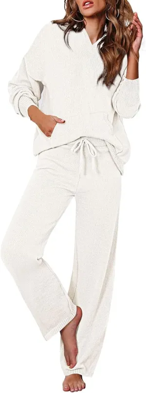 Viottiset Women's 2 Piece Outfits Sweater Set Long Sleeve Hoodies With Pocket Wide Leg Pants Lounge Sets Sweatsuit