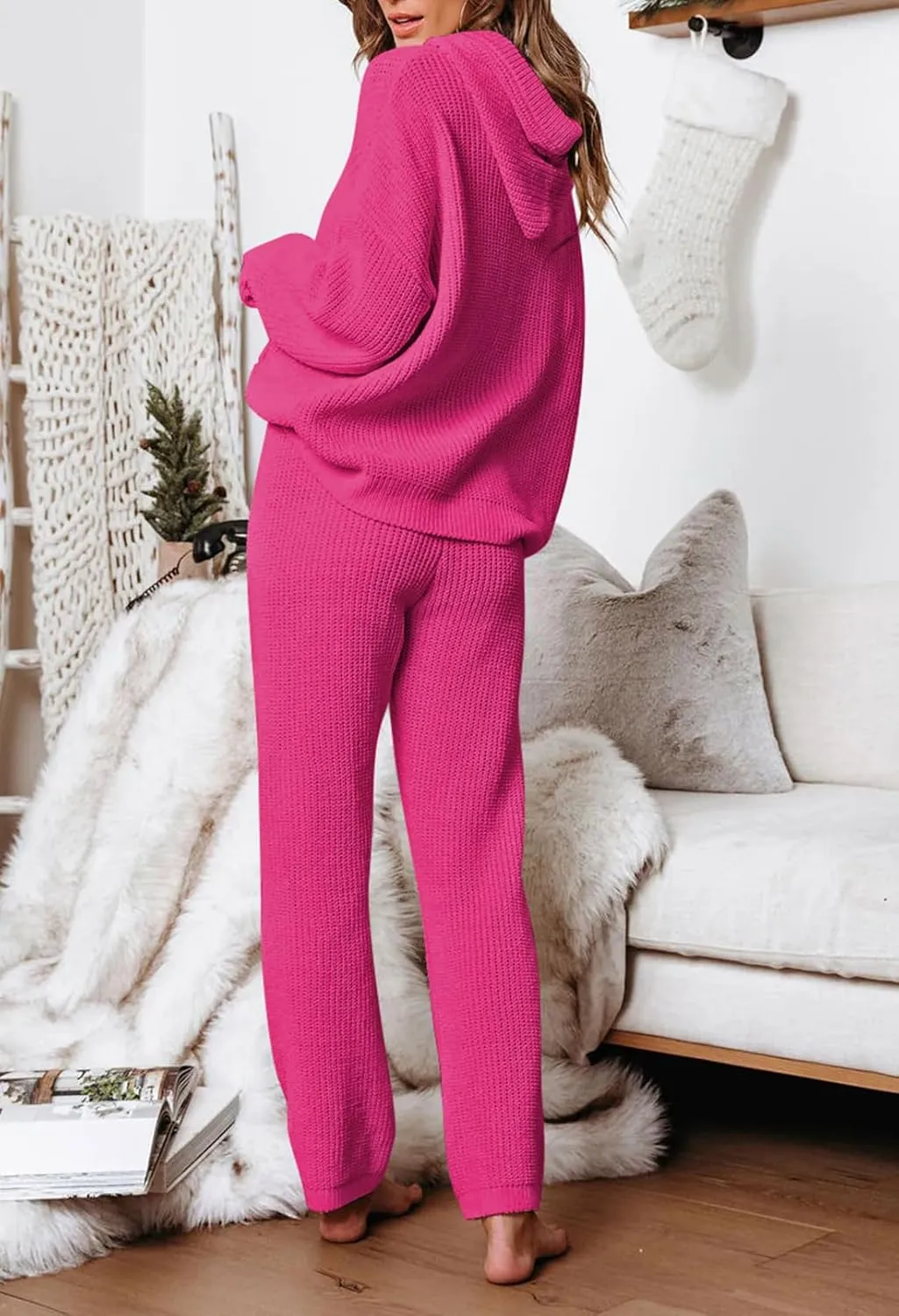 Viottiset Women's 2 Piece Outfits Sweater Set Long Sleeve Hoodies With Pocket Wide Leg Pants Lounge Sets Sweatsuit
