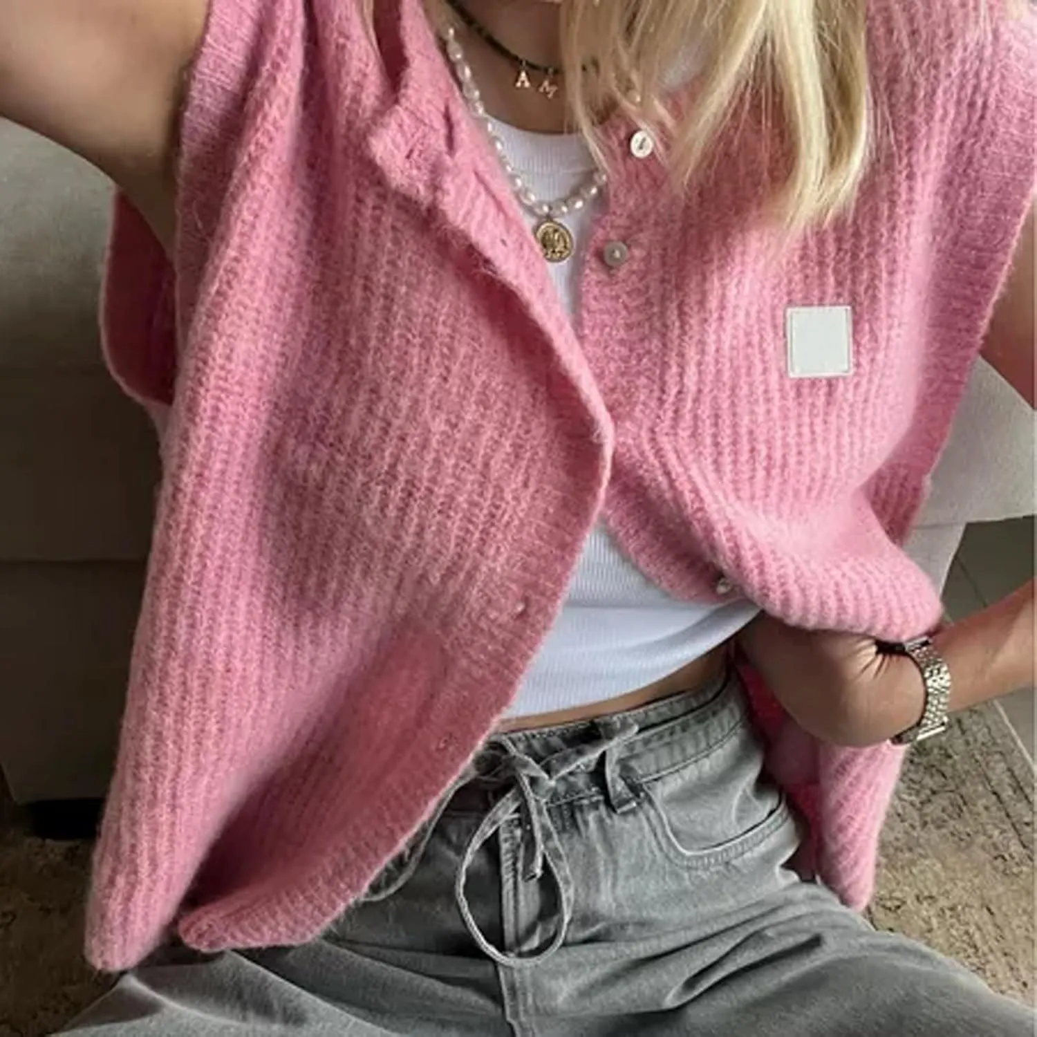 Women Y2k Knitted Sweater Vest Sleeveelss Button Down Round Neck Ribbed Knit Tank Top Cardigan Vest Streetwear