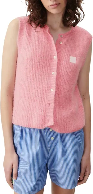 Women Y2k Knitted Sweater Vest Sleeveelss Button Down Round Neck Ribbed Knit Tank Top Cardigan Vest Streetwear