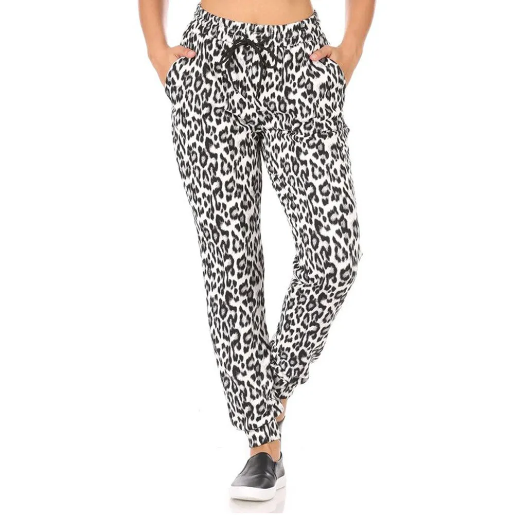 Womens Animal Print Jogger Fleece Lined Drawstring Mid-Rise Casual Bottoms
