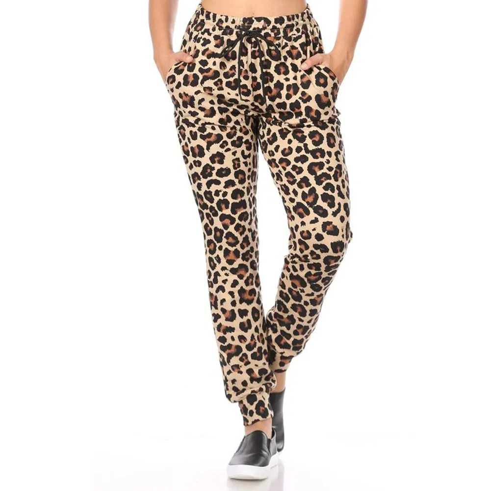 Womens Animal Print Jogger Fleece Lined Drawstring Mid-Rise Casual Bottoms