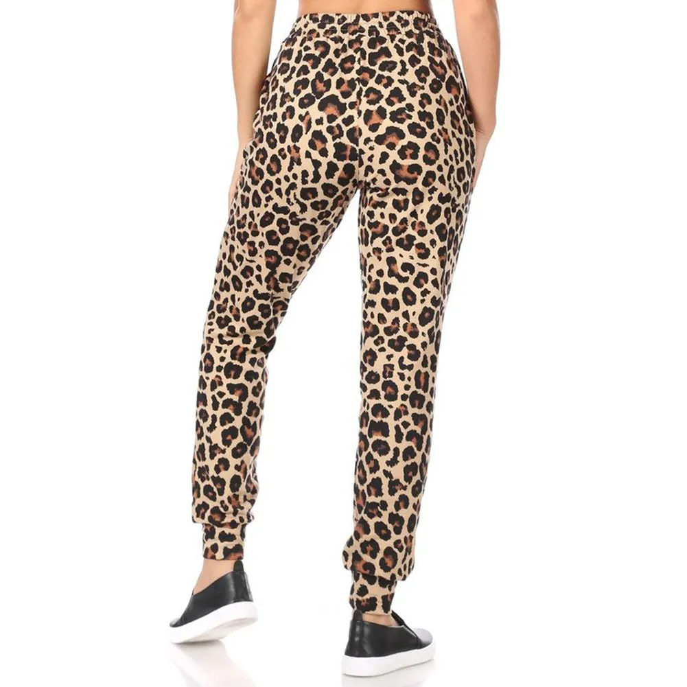 Womens Animal Print Jogger Fleece Lined Drawstring Mid-Rise Casual Bottoms