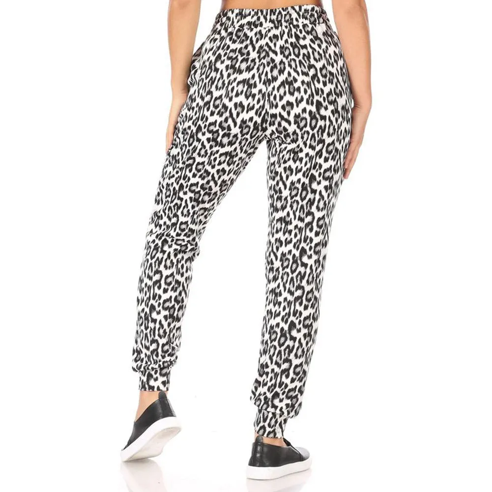 Womens Animal Print Jogger Fleece Lined Drawstring Mid-Rise Casual Bottoms