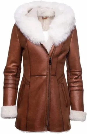 Women’s Stylish New Genuine Leather Pure Soft Lambskin Long Overcoat with Faux Fur