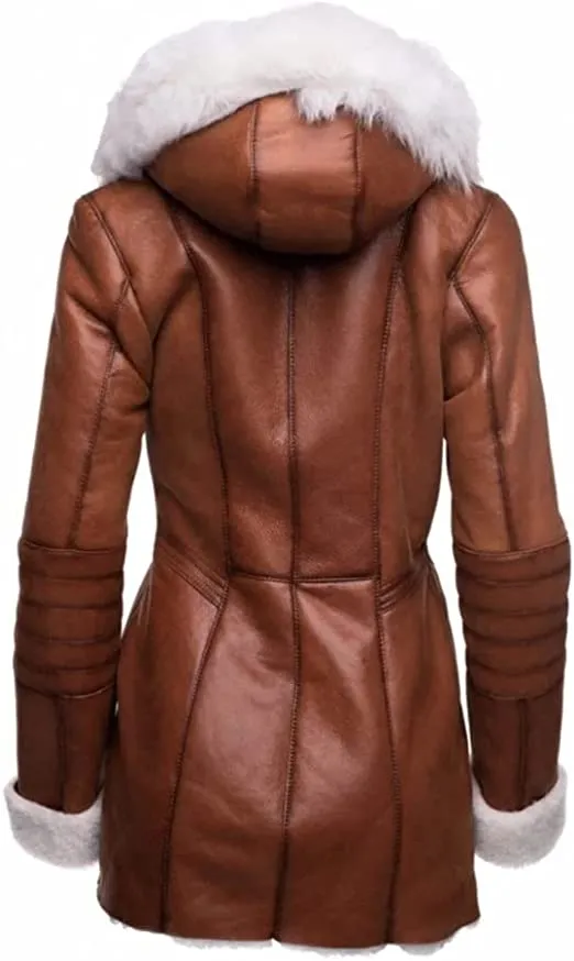 Women’s Stylish New Genuine Leather Pure Soft Lambskin Long Overcoat with Faux Fur