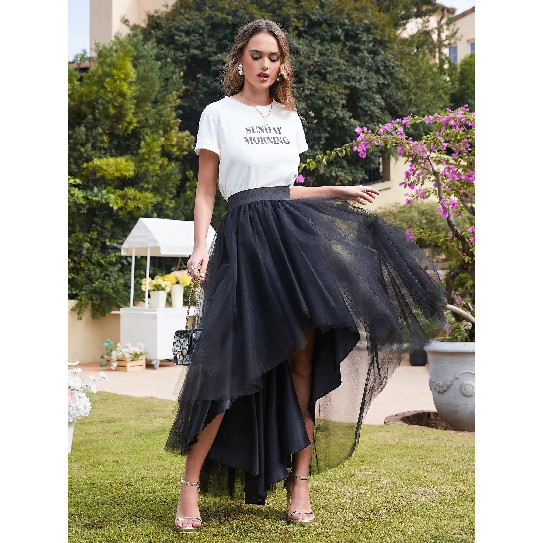 Women’s Tulle Elastic Waist High Low Prom Cocktail Long Skirt